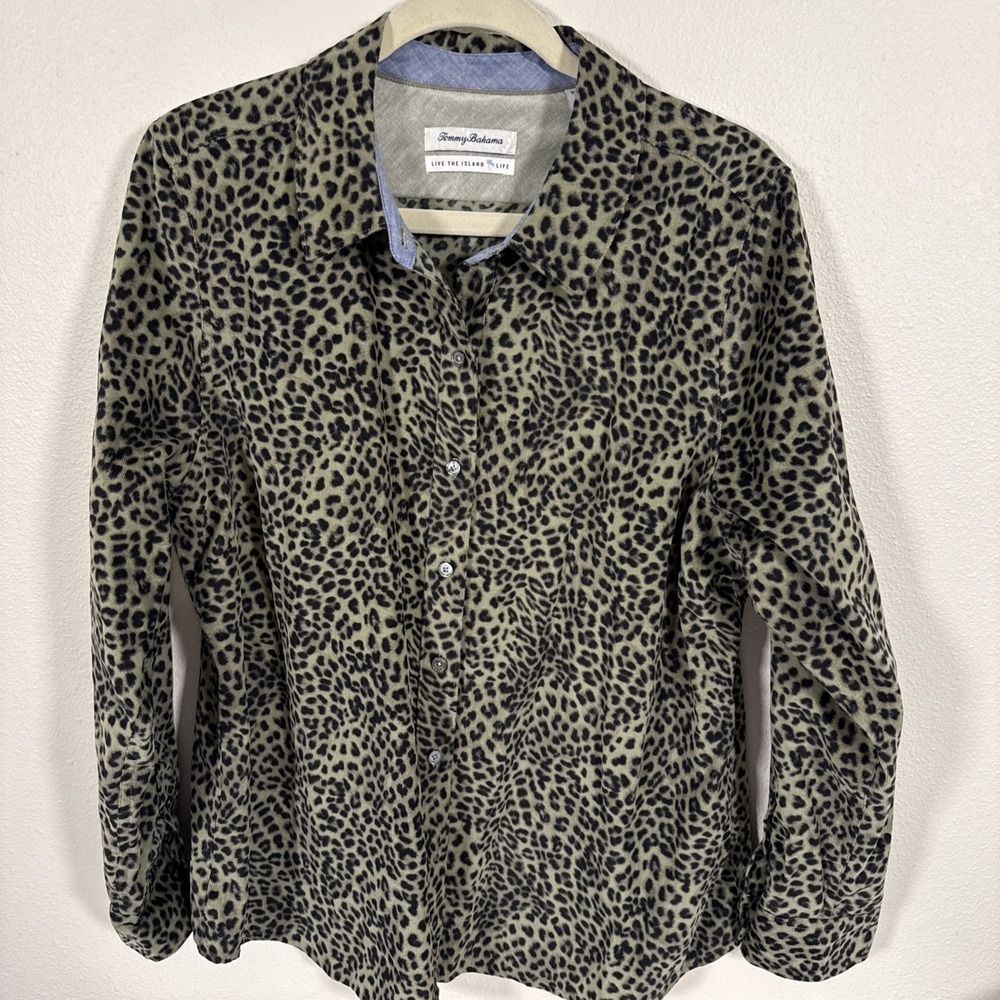 TOMMY BAHAMA LIVE THE ISLAND LIFE GREEN leopard corduroy SHIRT WOMEN'S SIZE XL Q